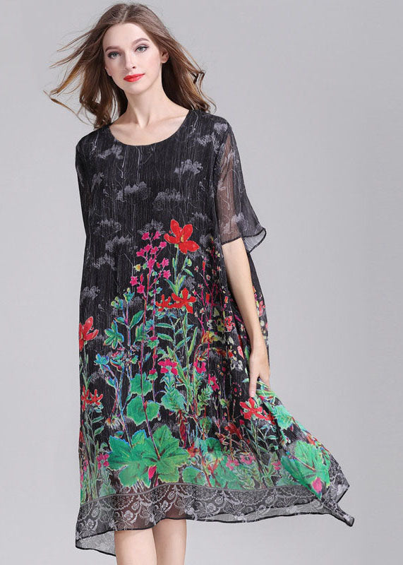 Italian Green O Neck Print Patchwork Chiffon Mid Dress Summer LY6505 - fabuloryshop