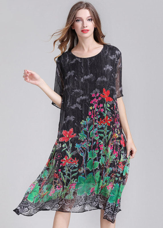 Italian Green O Neck Print Patchwork Chiffon Mid Dress Summer LY6505 - fabuloryshop