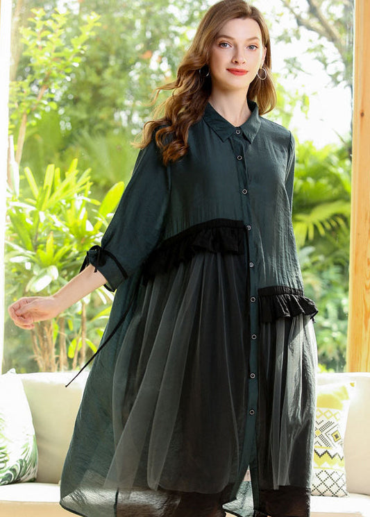 Italian Green Oversized Patchwork Ruffles Cotton Dress Half Sleeve LY0280 - fabuloryshop
