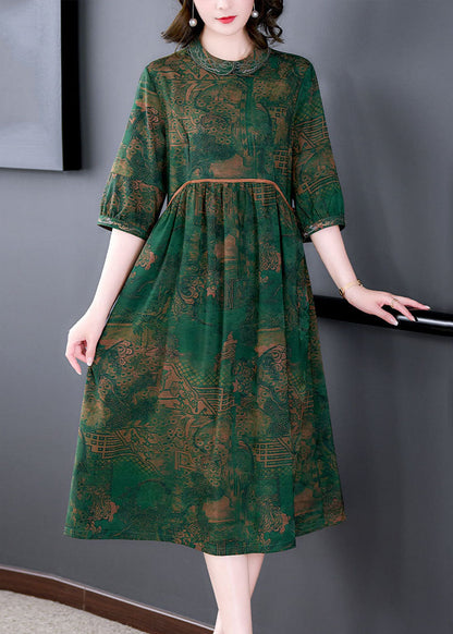 Italian Green Peter Pan Collar Print Wrinkled Patchwork Silk Dresses Summer LY5986 Ada Fashion