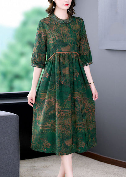 Italian Green Peter Pan Collar Print Wrinkled Patchwork Silk Dresses Summer LY5986 Ada Fashion