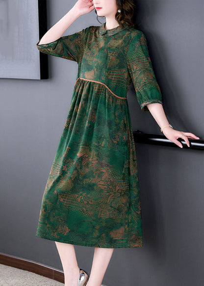 Italian Green Peter Pan Collar Print Wrinkled Patchwork Silk Dresses Summer LY5986 Ada Fashion