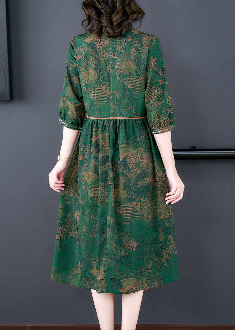 Italian Green Peter Pan Collar Print Wrinkled Patchwork Silk Dresses Summer LY5986 Ada Fashion