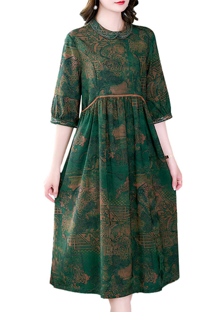 Italian Green Peter Pan Collar Print Wrinkled Patchwork Silk Dresses Summer LY5986 Ada Fashion