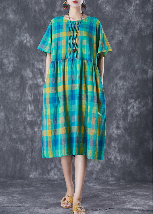 Italian Green Plaid Wrinkled Linen Vacation Dresses Summer LY7080 - fabuloryshop