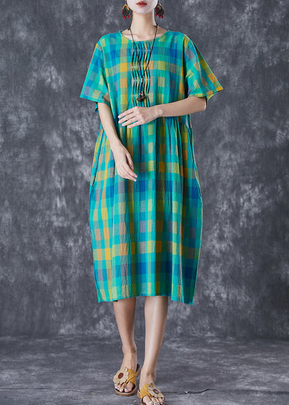 Italian Green Plaid Wrinkled Linen Vacation Dresses Summer LY7080 - fabuloryshop