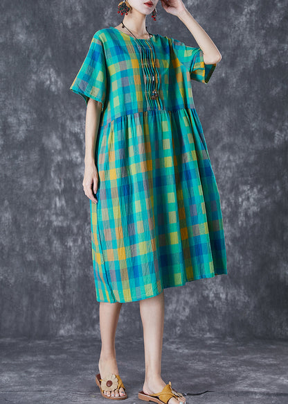 Italian Green Plaid Wrinkled Linen Vacation Dresses Summer LY7080 - fabuloryshop