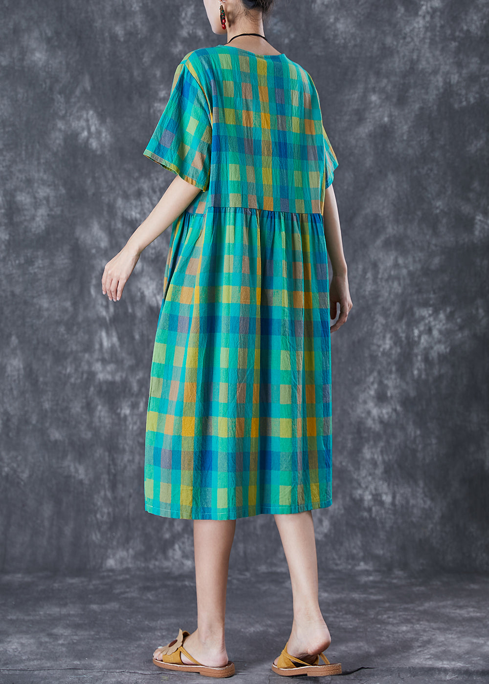 Italian Green Plaid Wrinkled Linen Vacation Dresses Summer LY7080 - fabuloryshop