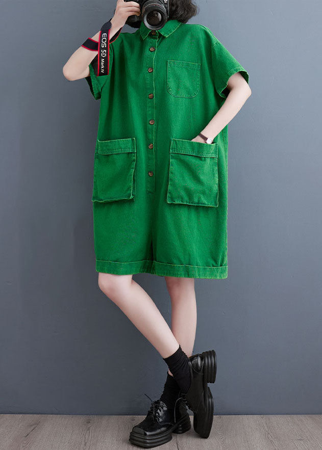 Italian Green Pockets Patchwork Denim Shorts Jumpsuits Summer LY5671 - fabuloryshop