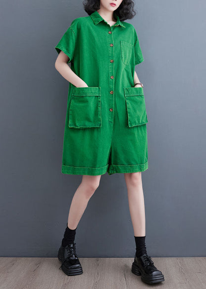 Italian Green Pockets Patchwork Denim Shorts Jumpsuits Summer LY5671 - fabuloryshop