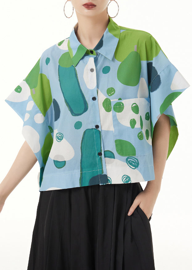 Italian Green Print Button Patchwork Cotton Blouses Batwing Sleeve Ada Fashion