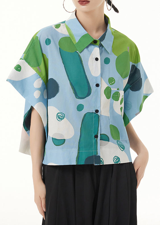 Italian Green Print Button Patchwork Cotton Blouses Batwing Sleeve Ada Fashion