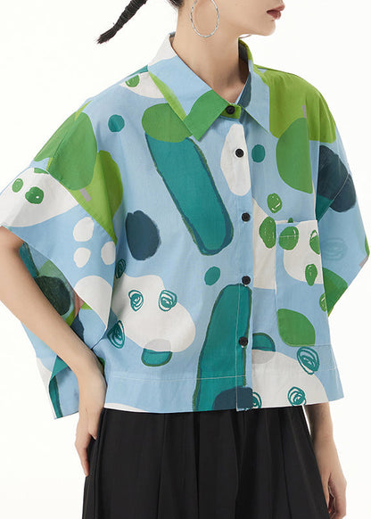 Italian Green Print Button Patchwork Cotton Blouses Batwing Sleeve Ada Fashion