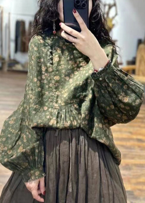 Italian Green Print Ruffled Patchwork Linen Shirts Fall Ada Fashion