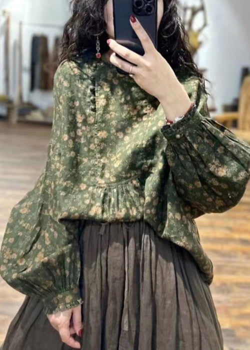 Italian Green Print Ruffled Patchwork Linen Shirts Fall Ada Fashion