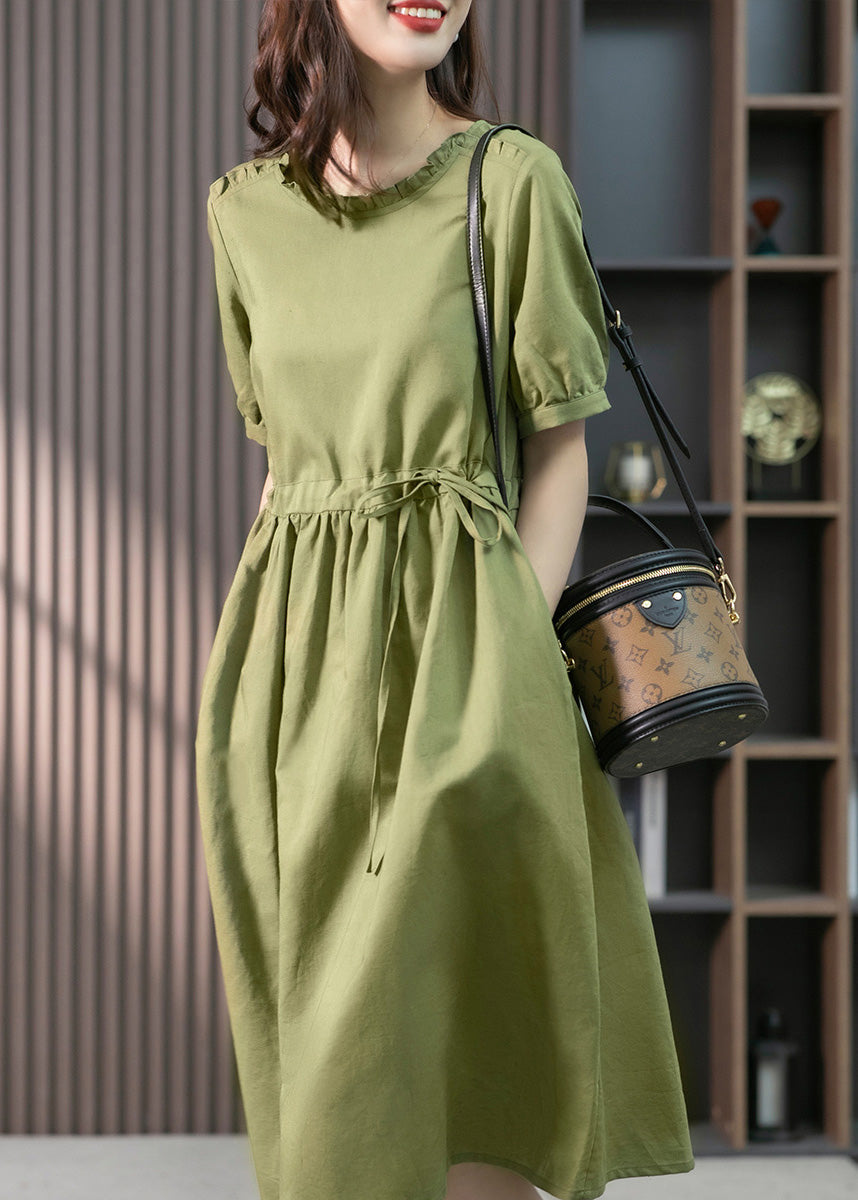 Italian Green Ruffled Solid Linen Long Dresses Summer LY1751 - fabuloryshop