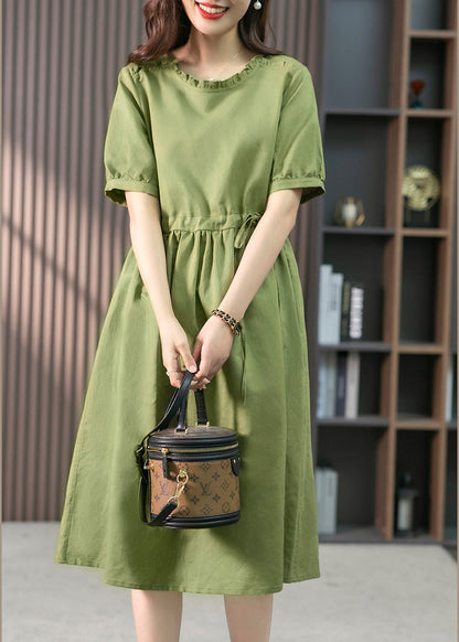 Italian Green Ruffled Solid Linen Long Dresses Summer LY1751 - fabuloryshop