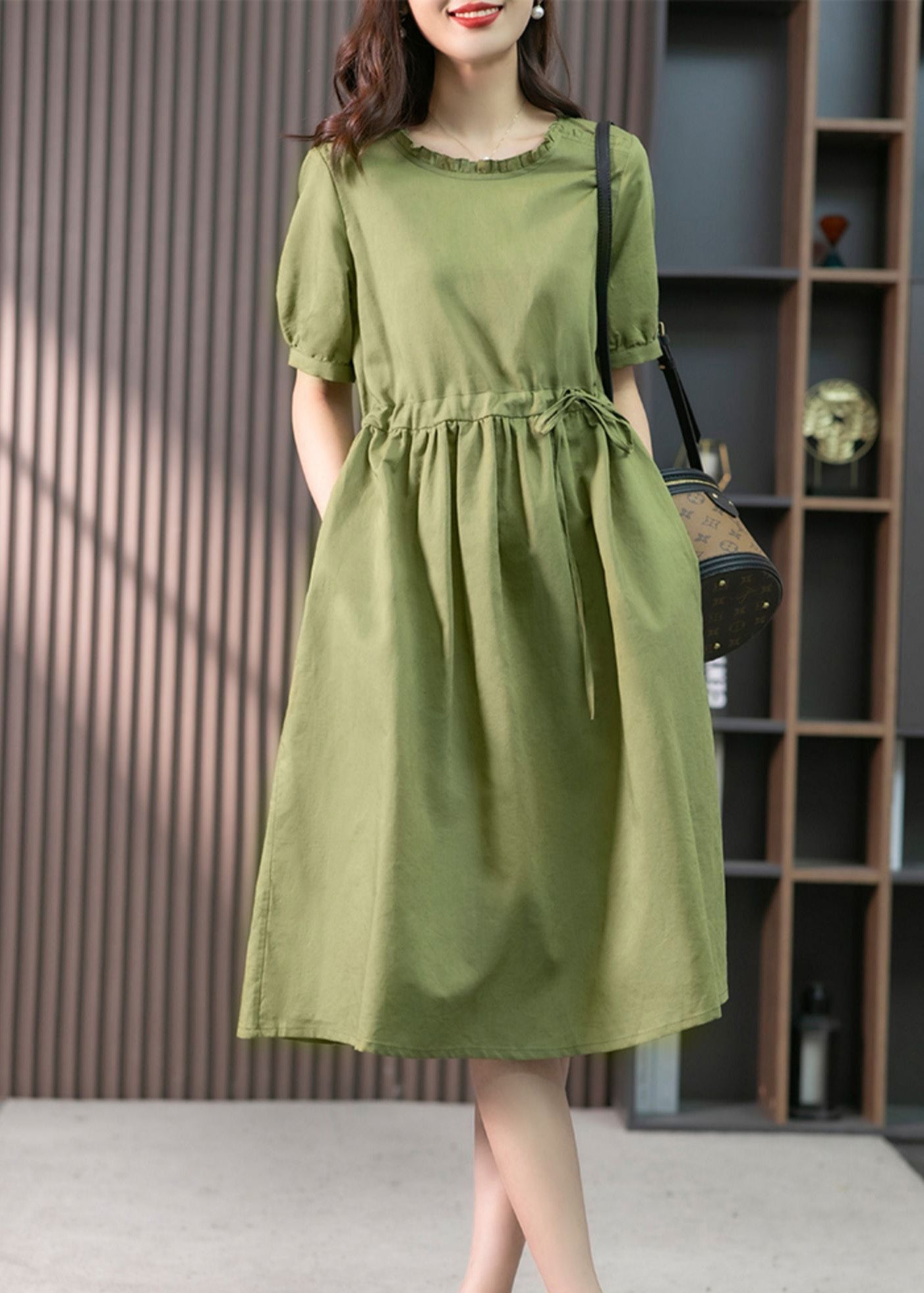 Italian Green Ruffled Solid Linen Long Dresses Summer LY1751 - fabuloryshop