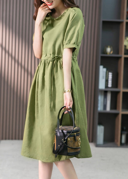 Italian Green Ruffled Solid Linen Long Dresses Summer LY1751 - fabuloryshop