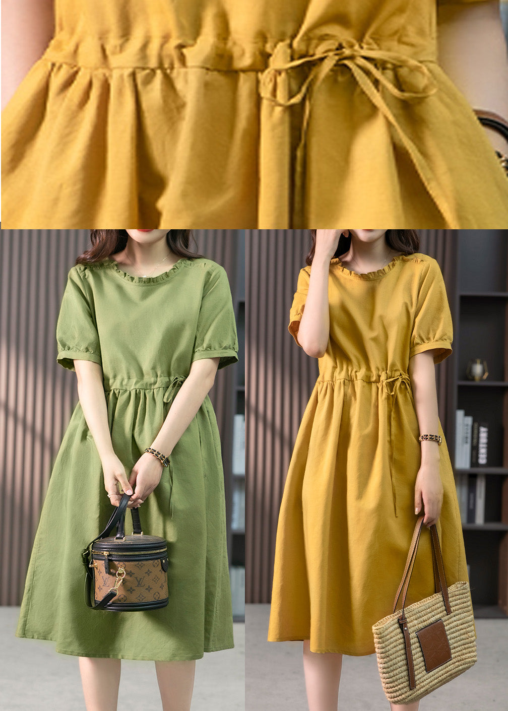 Italian Green Ruffled Solid Linen Long Dresses Summer LY1751 - fabuloryshop