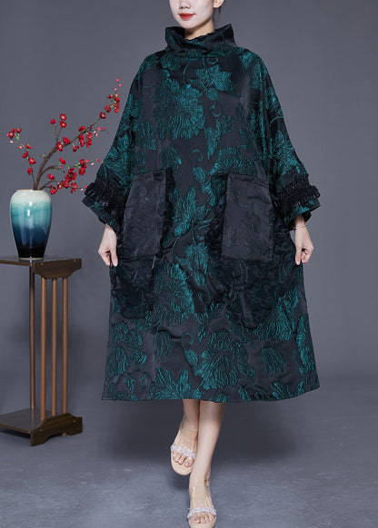 Italian Green Turtle Neck Patchwork Jacquard Silk Maxi Dresses Spring LY3060 - fabuloryshop