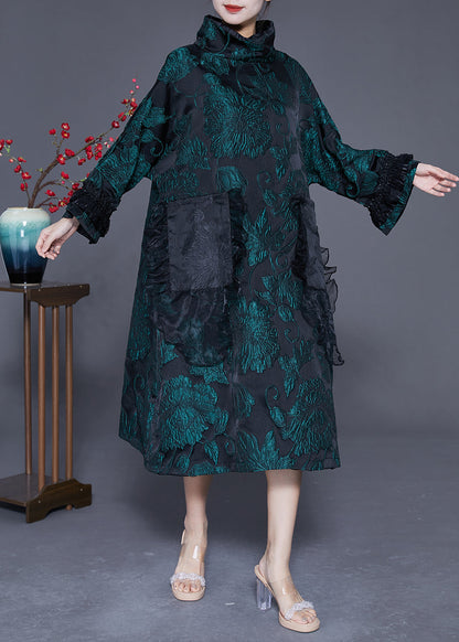 Italian Green Turtle Neck Patchwork Jacquard Silk Maxi Dresses Spring LY3060 - fabuloryshop