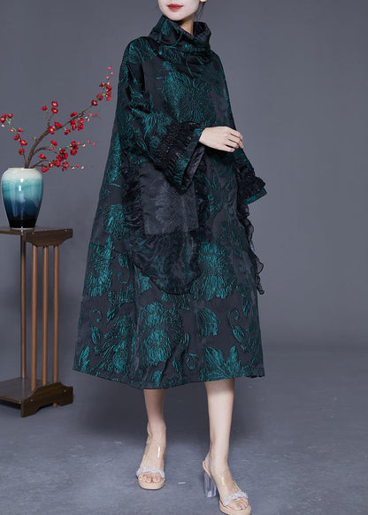 Italian Green Turtle Neck Patchwork Jacquard Silk Maxi Dresses Spring LY3060 - fabuloryshop