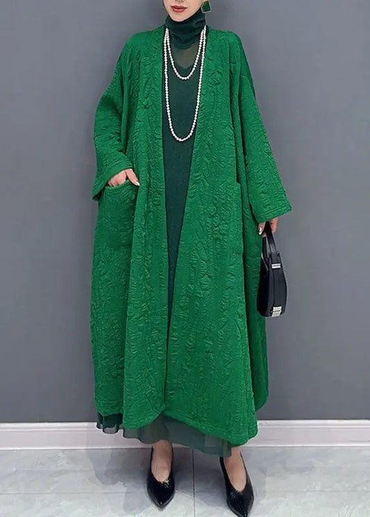 Italian Green V Neck Pockets Maxi Coats Long Sleeve Ada Fashion