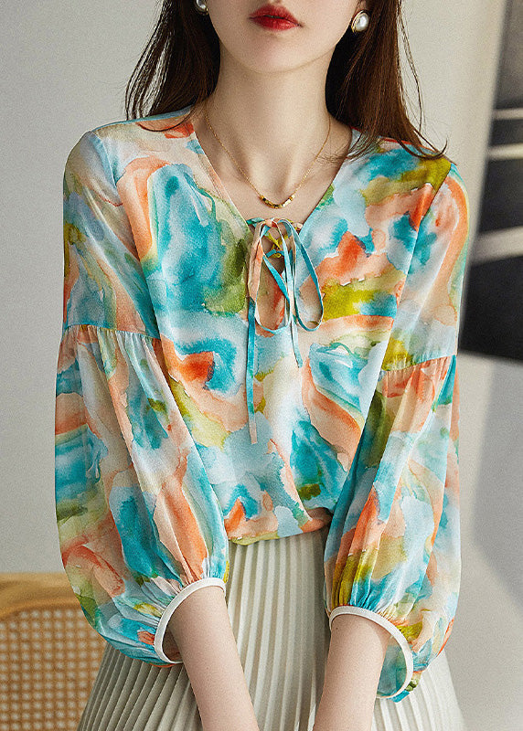 Italian Green V Neck Print Neck Tie Chiffon Shirt Spring LY0358 - fabuloryshop