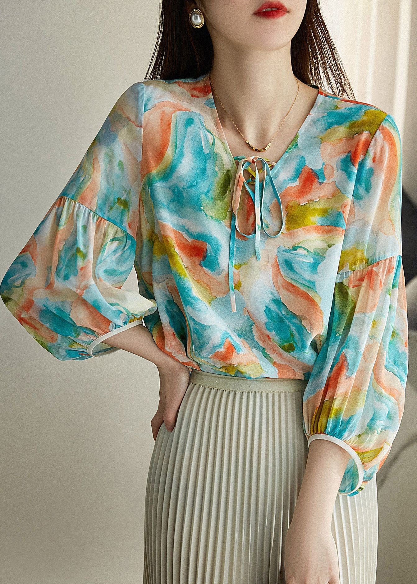 Italian Green V Neck Print Neck Tie Chiffon Shirt Spring LY0358 - fabuloryshop