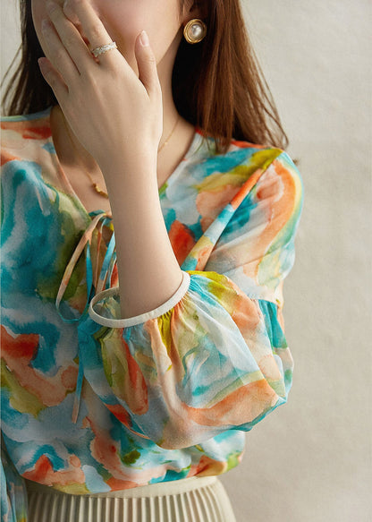 Italian Green V Neck Print Neck Tie Chiffon Shirt Spring LY0358 - fabuloryshop