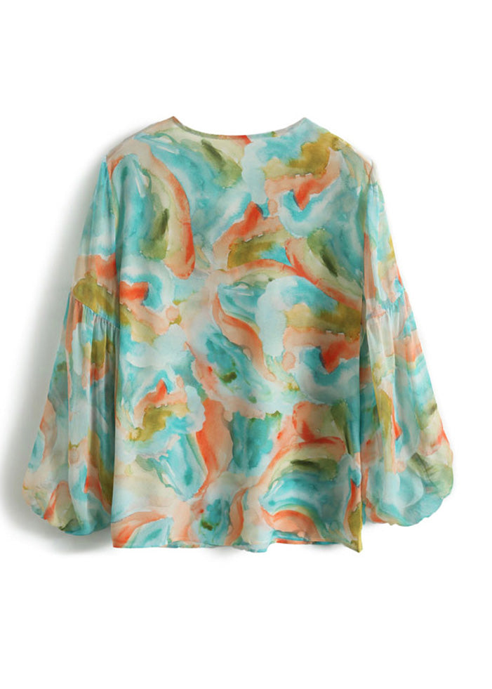 Italian Green V Neck Print Neck Tie Chiffon Shirt Spring LY0358 - fabuloryshop