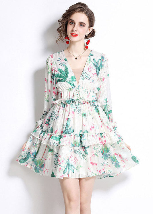 Italian Green V Neck Ruffled Print Patchwork Chiffon Mid Dress Fall LY7452 - fabuloryshop
