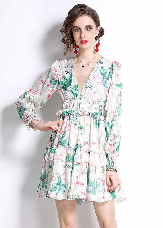 Italian Green V Neck Ruffled Print Patchwork Chiffon Mid Dress Fall LY7452 - fabuloryshop