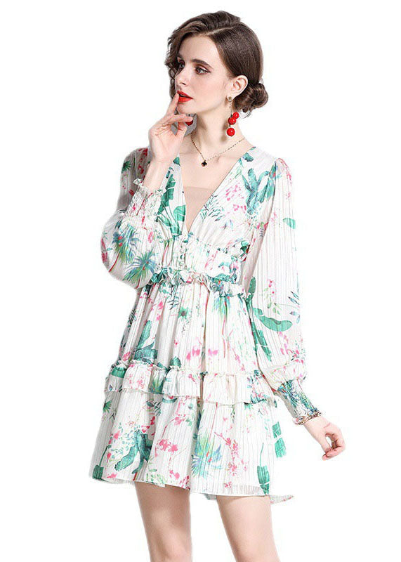 Italian Green V Neck Ruffled Print Patchwork Chiffon Mid Dress Fall LY7452 - fabuloryshop