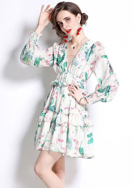 Italian Green V Neck Ruffled Print Patchwork Chiffon Mid Dress Fall LY7452 - fabuloryshop