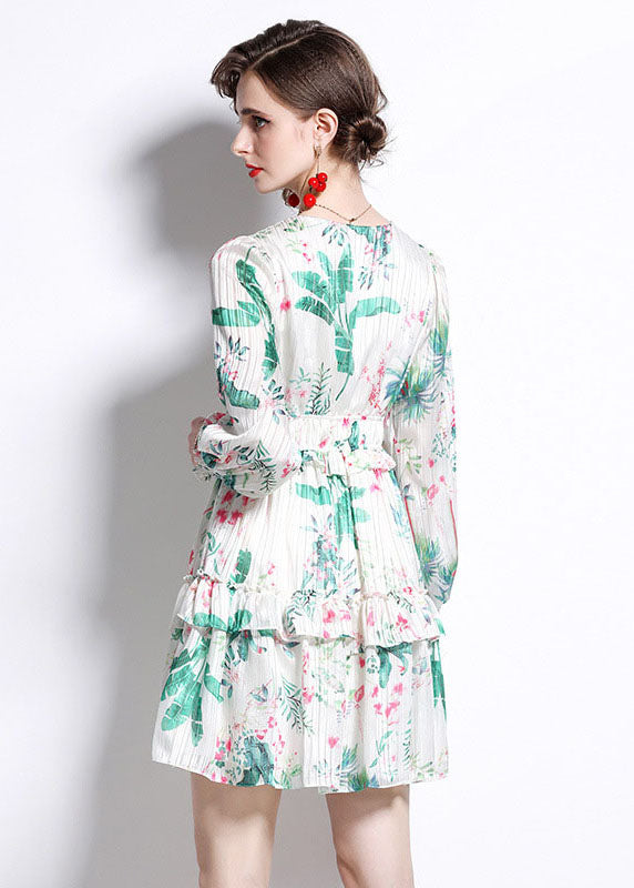 Italian Green V Neck Ruffled Print Patchwork Chiffon Mid Dress Fall LY7452 - fabuloryshop