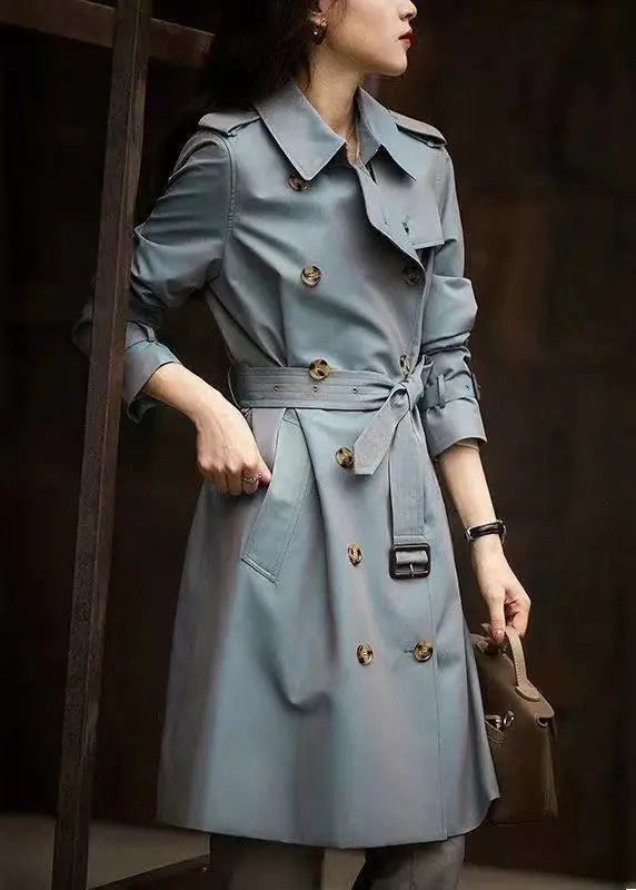 Italian Grey Blue Button Tie Waist Pockets Cotton Trench Coat Fall Ada Fashion