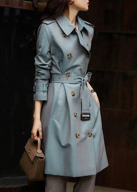 Italian Grey Blue Button Tie Waist Pockets Cotton Trench Coat Fall Ada Fashion