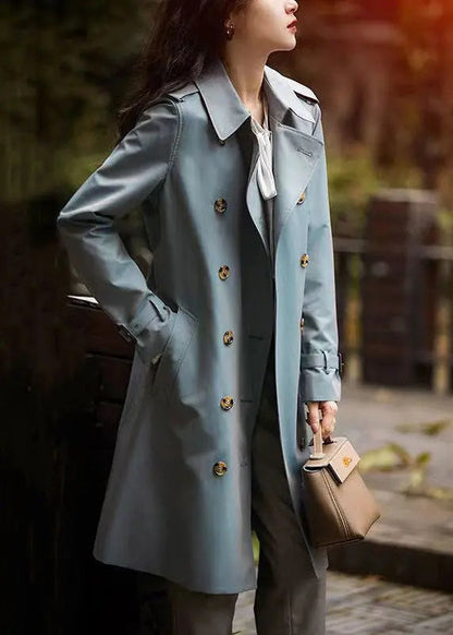 Italian Grey Blue Button Tie Waist Pockets Cotton Trench Coat Fall Ada Fashion