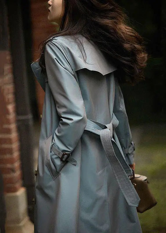 Italian Grey Blue Button Tie Waist Pockets Cotton Trench Coat Fall Ada Fashion