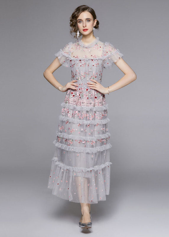 Italian Grey Embroideried Ruffled Patchwork Tulle Long Dresses Summer Ada Fashion