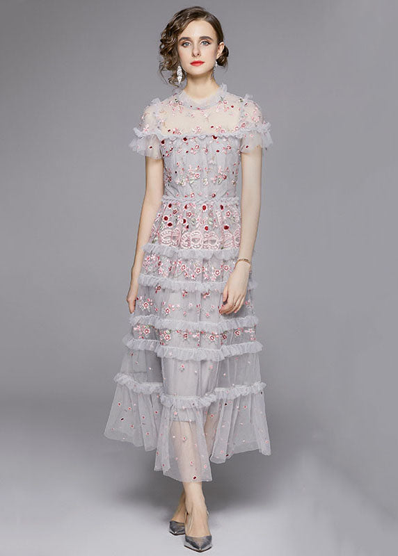 Italian Grey Embroideried Ruffled Patchwork Tulle Long Dresses Summer Ada Fashion