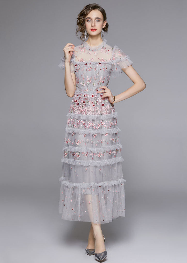 Italian Grey Embroideried Ruffled Patchwork Tulle Long Dresses Summer Ada Fashion