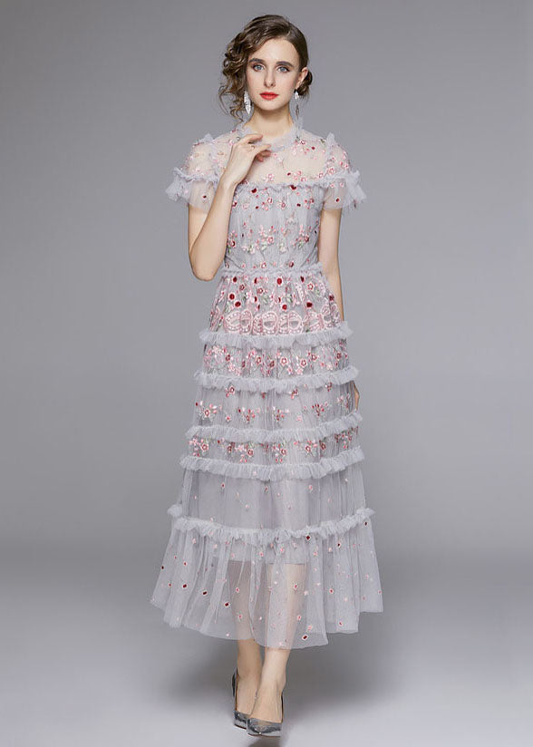 Italian Grey Embroideried Ruffled Patchwork Tulle Long Dresses Summer Ada Fashion