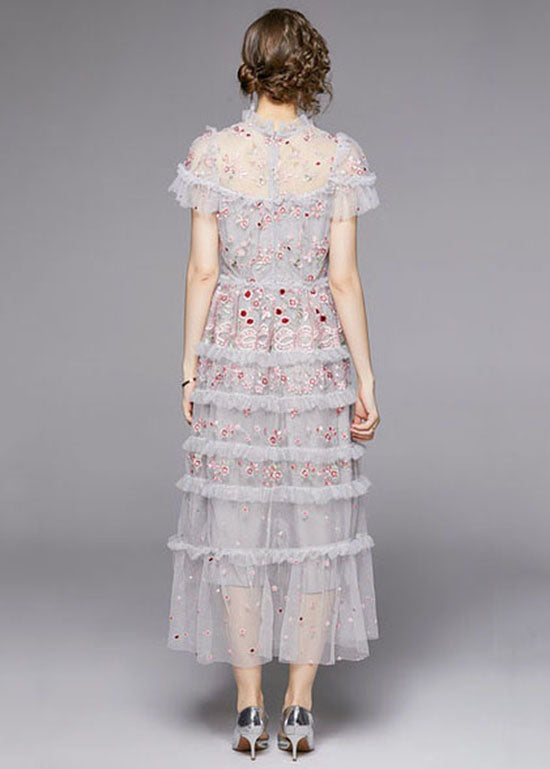 Italian Grey Embroideried Ruffled Patchwork Tulle Long Dresses Summer Ada Fashion