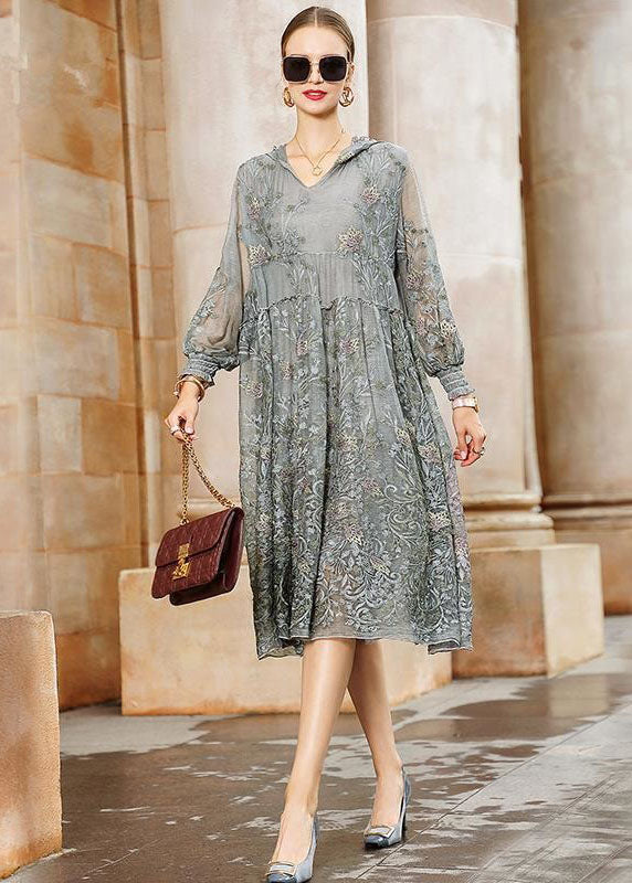 Italian Grey Hooded Embroideried Patchwork Tulle Dresses Spring LC0219 - fabuloryshop