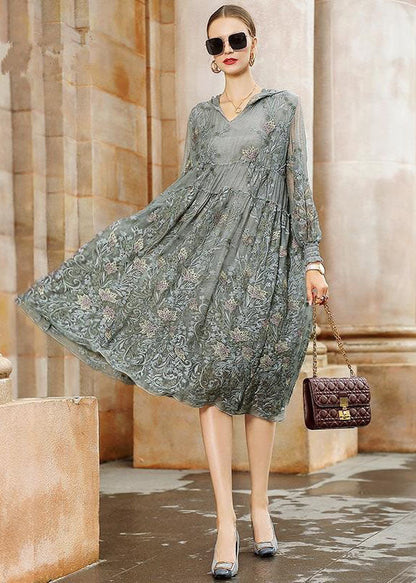 Italian Grey Hooded Embroideried Patchwork Tulle Dresses Spring LC0219 - fabuloryshop