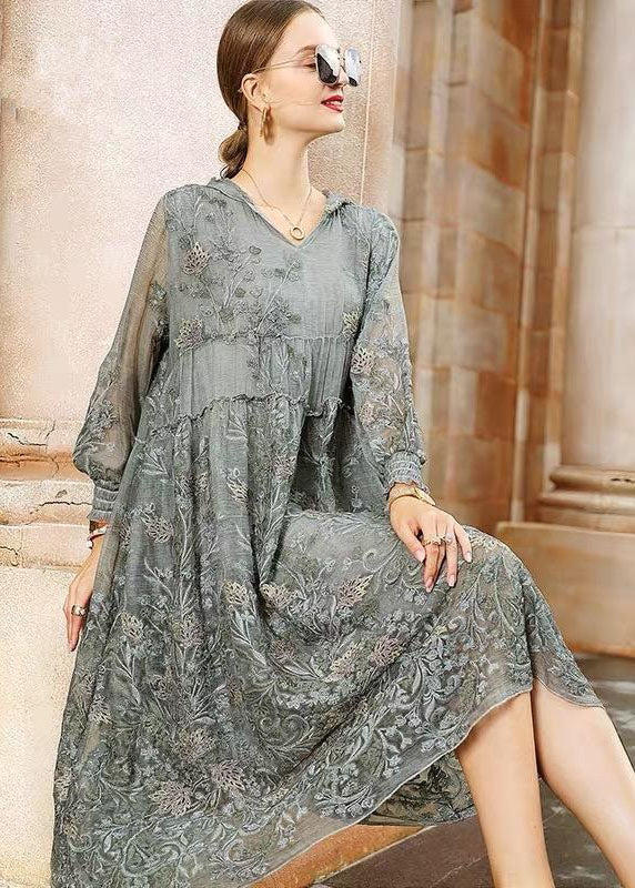 Italian Grey Hooded Embroideried Patchwork Tulle Dresses Spring LC0219 - fabuloryshop
