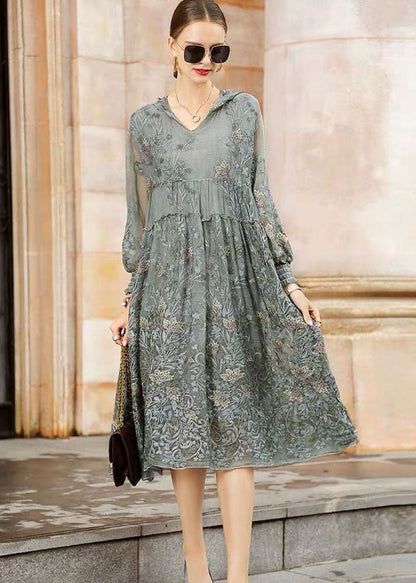 Italian Grey Hooded Embroideried Patchwork Tulle Dresses Spring LC0219 - fabuloryshop